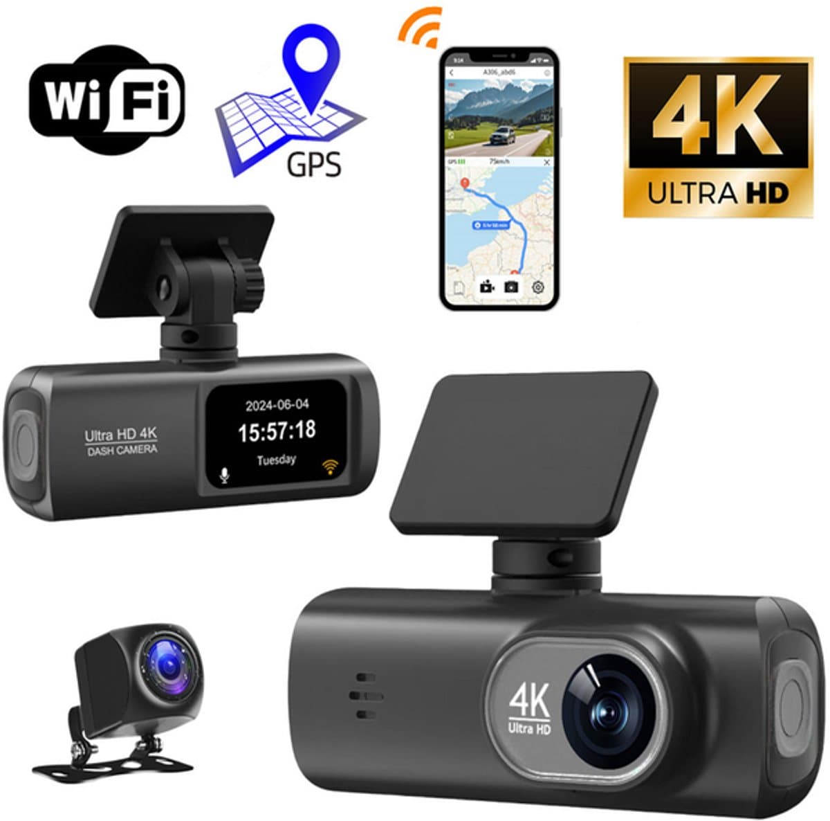 KZQ Dashcam 4K voor en achter met dubbele camera WiFi GPS WDR nachtzicht zwaartekrachtsensor en app-bediening voor auto — afbeelding 1