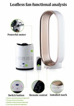 16-inch ventilator zonder bladen – Stil ontwerp, 3 windsnelheden – Afstandsbediening met een bereik tot 6 meter – Kindveilig ontwerp — thumbnail 2