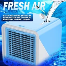 Draagbare luchtkoeler – 3-in-1 draagbare persoonlijke airconditioner – Watertank van 500 ml – 3 ventilatorsnelheden & ledverlichting in 7 kleuren – Ventilator met verdampingskoeling (USB-voeding) – Geschikt voor kamers, bureaus en kantoren – Blauw — thumbnail 5
