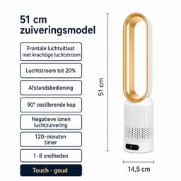 Pelor Bladloze Torenventilator - Luchtreinigende Luchtcirculatie - 8 Snelheden met Afstandsbediening - 90° Oscillatie - Goud — thumbnail 3