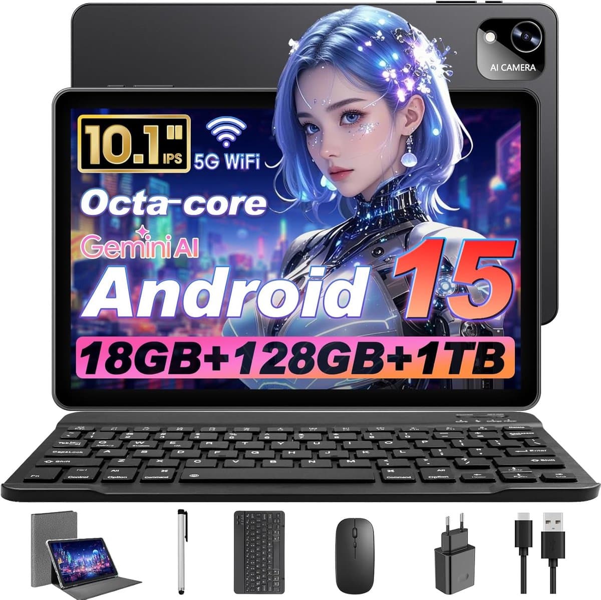 SnelShoppen - Android 15 Tablet 10 Inch, Octa-Core CPU, 18GB RAM, 128GB ROM, WiFi 6, Dual Speakers, GPS, 6000mAh, Perfect voor Films en Gaming — afbeelding 1
