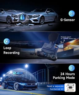 SnelShoppen - 4*Dashcam 2K voor Auto met Wifi, 1080P Achteruitrijcamera, 3-inch IPS Scherm, 24-uurs Parkeermonitoring, Nachtzicht, G-Sensor, 360-Grade — thumbnail 3