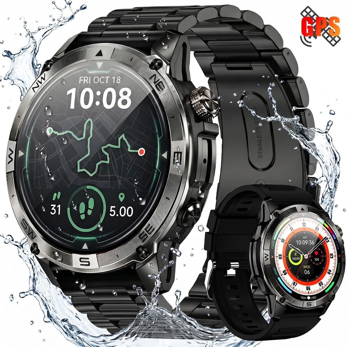 VASHOY HK08 - GPS Smartwatch - Sport Smartwatch - Outdoor Smartwatch - 1.43" AMOLED GPS Baro-Altimeter IP68 160+ Sportmodes – 3-delige set, hartslag/slaap/stappenteller, voor Android/iOS — afbeelding 1