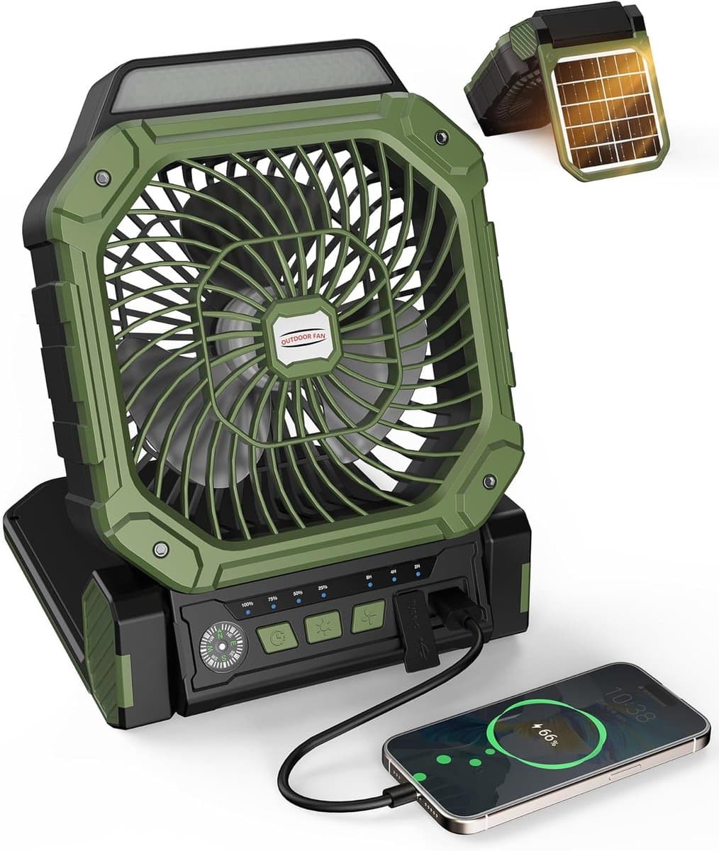 Solar Ventilator Met Oplaadbare Batterij - 4 Standen + 3 LED Zaklamp - Met Afstandsbediening & Timer (2/4/8u) - USB-C/Zonne-energie - Compact Camping Design - Groen — afbeelding 1