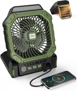 Solar Ventilator Met Oplaadbare Batterij - 4 Standen + 3 LED Zaklamp - Met Afstandsbediening & Timer (2/4/8u) - USB-C/Zonne-energie - Compact Camping Design - Groen — thumbnail 1