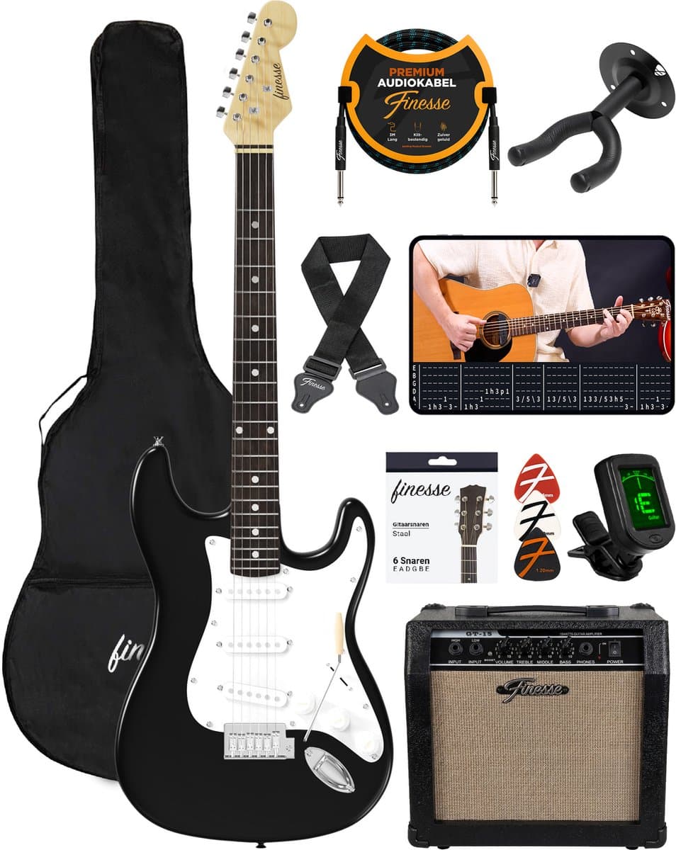 Finesse Elektrische Gitaar met Versterker - met Videocursus - Gitaar - Volwassenen - Kind - Zwart — afbeelding 1