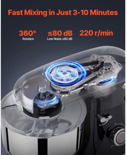Keukenmachine - Standmixer en Deegmixer - Met Kantelbare Kop - Vermogen 1400W - Inhoud 5,68 L RVS Kom - Deeghaak en Garde - Mengschraper - Zwart — thumbnail 5