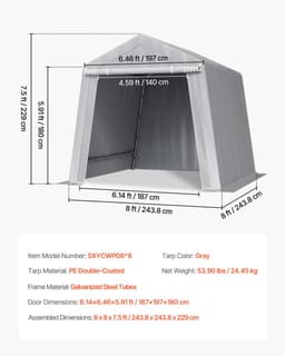 Garagetent - Opslagtent - 244 x 244 x 229 cm - PE Doek - Stalen Buisframe - Met Deur - Voor Fiets, Motor, Grasmaaier - Grijs — thumbnail 2
