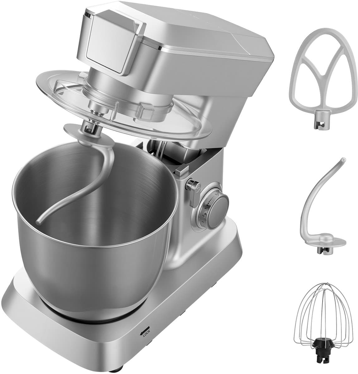 Elektrische Keukenmixer met Een Capaciteit van 4,3 L, 1300 W Vermogen, 6+P Instelbare Snelheden, Kantelbaar Ontwerp, Inclusief 1,5 L Blenderbeker, Roestvrijstalen Kom, Deeghaak, Garde en Klopper voor Bakken en Mixen, Zilver — afbeelding 1