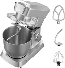 Elektrische Keukenmixer met Een Capaciteit van 4,3 L, 1300 W Vermogen, 6+P Instelbare Snelheden, Kantelbaar Ontwerp, Inclusief 1,5 L Blenderbeker, Roestvrijstalen Kom, Deeghaak, Garde en Klopper voor Bakken en Mixen, Zilver — thumbnail 1