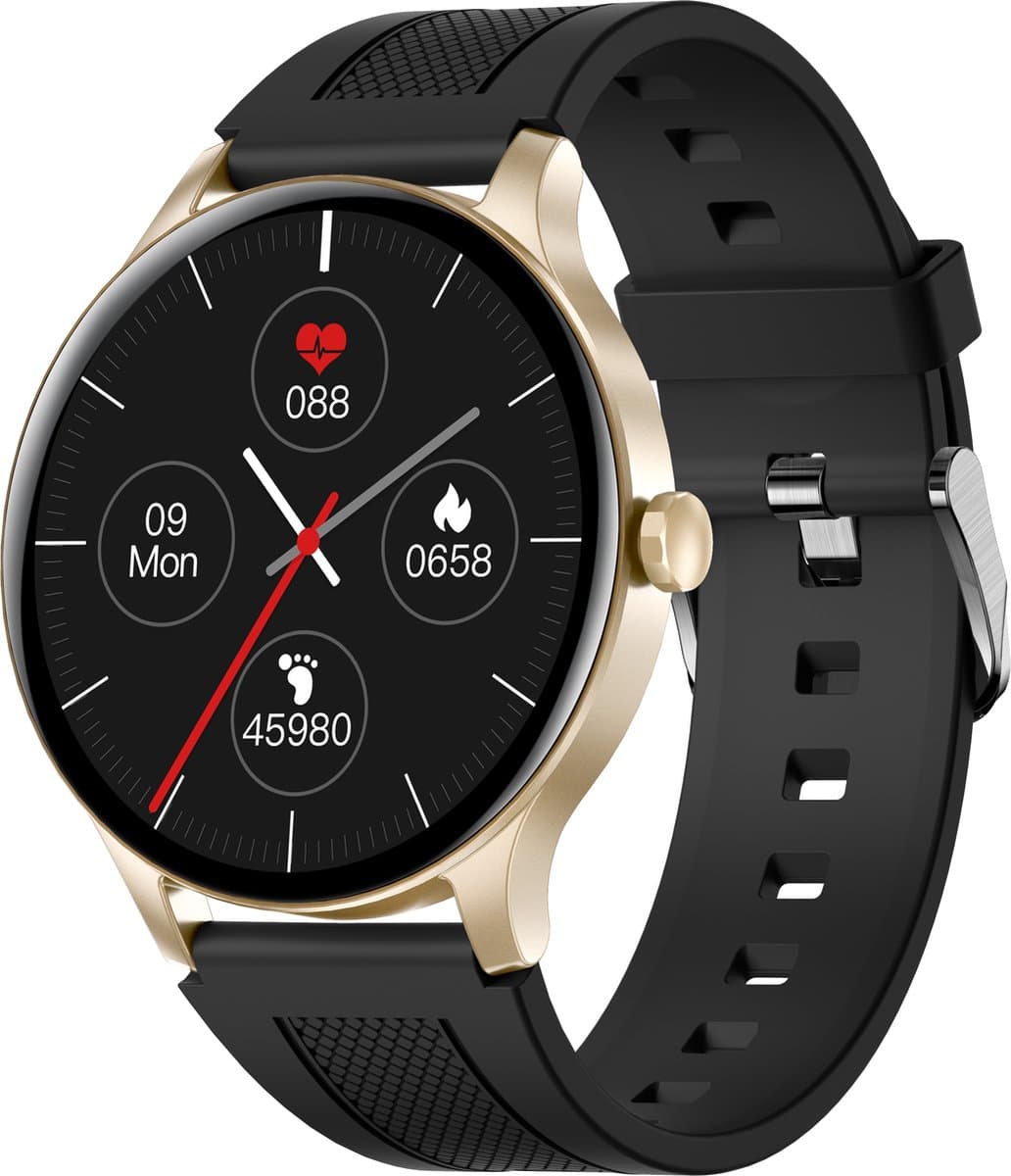 Belesy® NOBLE - Smartwatch Heren – Smartwatch Dames - Horloge – Stappenteller – Calorieën - Hartslag – Sporten - Je eigen foto als wijzerplaat - Kleurenscherm - Full Touch – Goud – Silicone – Zwart - Moederdag — afbeelding 1