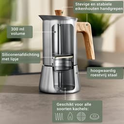 WALDWERK espressomachine (300ml) - inductie-espressomachine geschikt voor alle soorten kachels - Percolator mokkapot van roestvrij staal met houten handvat van echt eikenhout — thumbnail 4