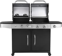 SUMM – Hybride Barbecue MAGNUS – Gasbarbecue & Houtskool BBQ – 2 Grillroosters 48x42 cm – Zijbrander – Opbergkast – Verrijdbaar – Zwart/RVS - Hoogwaardige kwaliteit — thumbnail 2