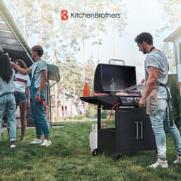 KitchenBrothers Gas BBQ - Gasbarbecue met zijbrander - 5 Branders - PFAS Vrij - Met Gasaansluiting - 42x57cm Grilloppervlak - Extra Opbergruimte - Vaderdag Cadeau - Zwart — thumbnail 2
