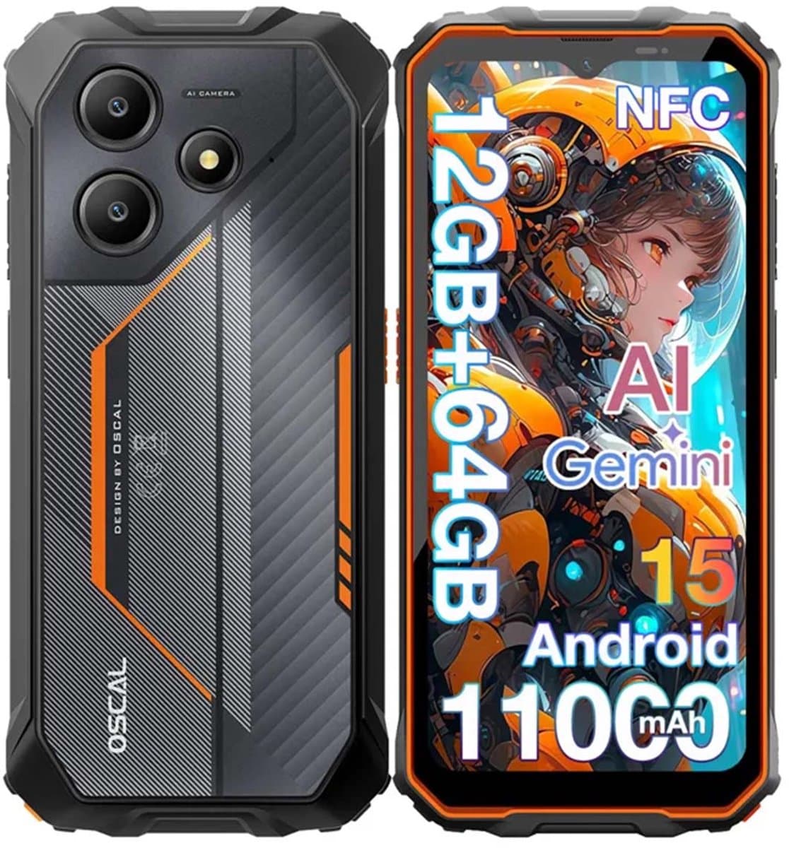 OSCAL MARINE 2 Robuuste Smartphone - Gemini AI - 12GB RAM+64GB ROM - 11000mAh Robuuste Telefoon - 6,56 Inch - IP68 IP69K - Dual SIM 4G - Android 15 - BT5.2 - NFC GPS - Oranje — afbeelding 1