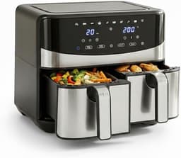Heteluchtfriteuse Dubbele Mand - Luchtfriteuse Airfryer - Gezinsmaaltijden Bereiden - Dubbele Kamer Technologie - 8 Liter Capaciteit - Zwart Zilver — thumbnail 1