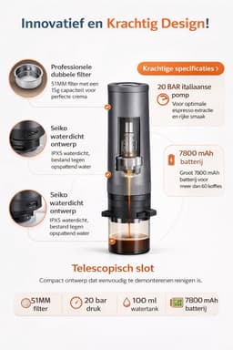 Yemtech® Draagbare Espressomachine – 3 in 1 Elektrische Draagbare Koffiemachine - ong. 100 ml - Espresso machine - Espressomachine voor Auto Camping Vrachtwagen – Inclusief Draagkoffer — thumbnail 3