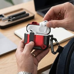 Rood robuust hoesje voor oordopjes met carbon look geschikt voor AirPods 4 inclusief schoonmaakset en karabijnhaak – schokbestendig en duurzaam — thumbnail 5