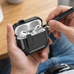 Zwart robuust hoesje voor oordopjes met carbon look geschikt voor AirPods Pro 2 inclusief schoonmaakset en karabijnhaak – schokbestendig en duurzaam — thumbnail 4
