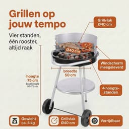 Lomera Houtskoolbarbecue - Houtskool BBQ - Barbecue op Wielen - Ronde Barbecue - Barbecue met Deksel - Verrijdbare Barbecue - Barbecue met Rooster - Verstelbaar Grillrooster - Halfronde Barbecue — thumbnail 3
