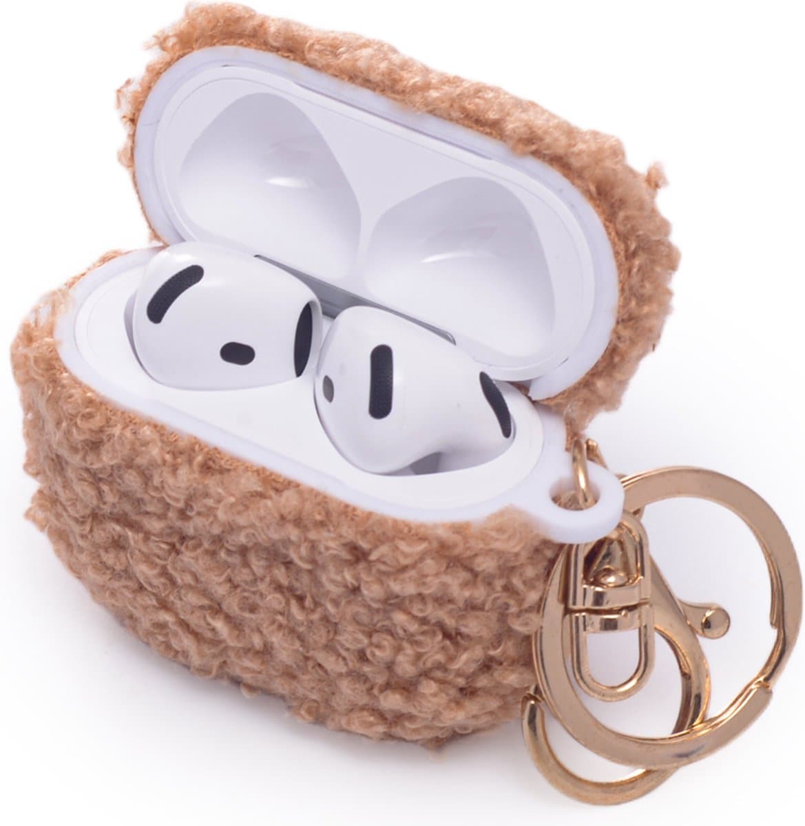 Casemania Hoesje Geschikt voor Apple AirPods 4 - Bruin - Schokbestendig Teddy Furr Cover met Ring & Sleutelhanger — afbeelding 1