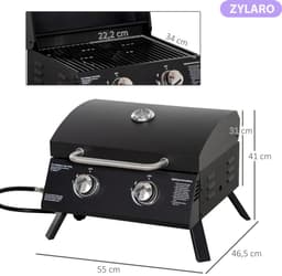 Gasbarbecue - Tafelmodel Gasbarbecue en Gasgrill - 2 Branders - Grillwagen - 5,6 kW - met Grillrooster, Drukregelaar, Slang, Thermometer - 55 x 46,5 x 41 cm - Zwart — thumbnail 2