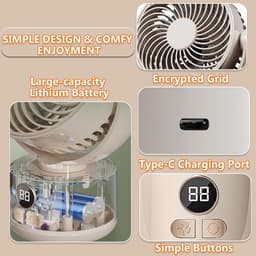 Bureau ventilator – Mini ventilator – USB ventilator – 3600 mAh – 3 snelheidsstanden – Automatisch zwenkend – Draagbare ventilator voor thuis, kantoor camping – 15 x 8,5 x 20 cm – Crèmewit — thumbnail 2