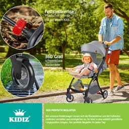 KIDIZ® Kinderwagen Premium - inklapbare buggy met ligstand - 360° wielen en 5-puntsgordel - grijs — thumbnail 3