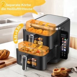 Airfryer – Heteluchtfriteuse – Dubbele Mand – Dubbele Lade – XXL Heteluchtoven – 11L Capaciteit – Verticaal Stapelbaar – PFAS-vrij – 2800W – 10 Kookprogramma’s – Sync & Match Functie — thumbnail 4
