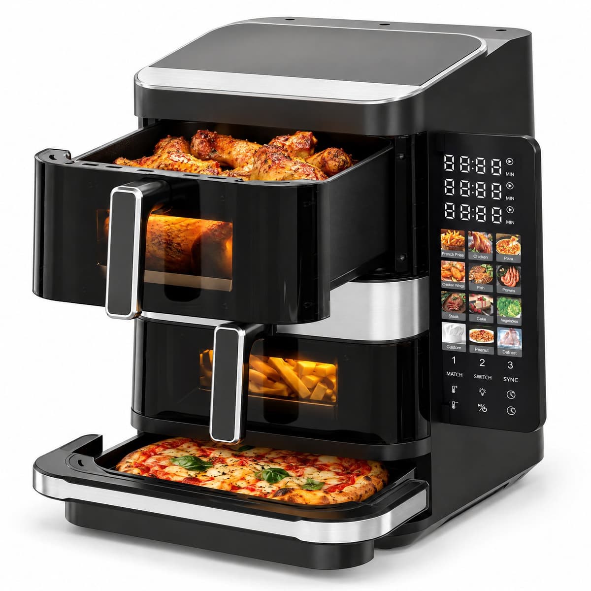 Cheqo® Dubbele Airfryer met Pizza Oven - Heteluchtfriteuse XXL met 2 Manden en Kijkvenster - Pizzamaker - Airfryer Dual Zone - Friteuse zonder Olie - Hetelucht Oven - Touchscreen - 12 Programma's - PFAS-Vrij - Pizzaoven - 2800W - Zwart — afbeelding 1