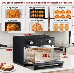 Airfryer oven 30L met broodroosterfunctie, snelle luchtcirculatie, handmatige bediening, 1800W, pizzaformaat — thumbnail 5