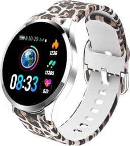 Belesy® BQSiZiPk - Smartwatch Dames - Smartwatch Heren - Horloge - Stappenteller - 1.3 inch - Kleurenscherm - 10x Sporten - INDOOR en OUTDOOR - Zilver - Siliconen - Roze - extra polsband Panterprint en Milanees staal zilver - Moederdag — thumbnail 4