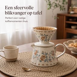 Gloovon® Keramische Koffieset - Handmatige Pour Over Dripper - Warmtebehoud - Vaatwasserbestendig - Pot 420ml met 20 Filters - Crème — thumbnail 4