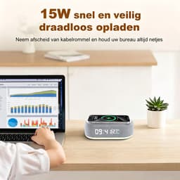 Digitale Wekker geschikt voor Slaapkamer, Volwassenen en Kinderen – Wekkerradio met 15W Draadloos Opladen en Bluetooth Speaker – Grijs — thumbnail 2
