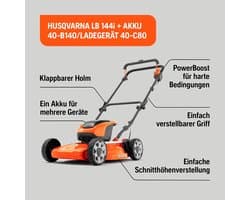 Husqvarna LB 144i accu-mulchmaaier inclusief accu en oplader, 44 cm BioClip, lichtgewicht en geschikt voor kleine en middelgrote tuinen