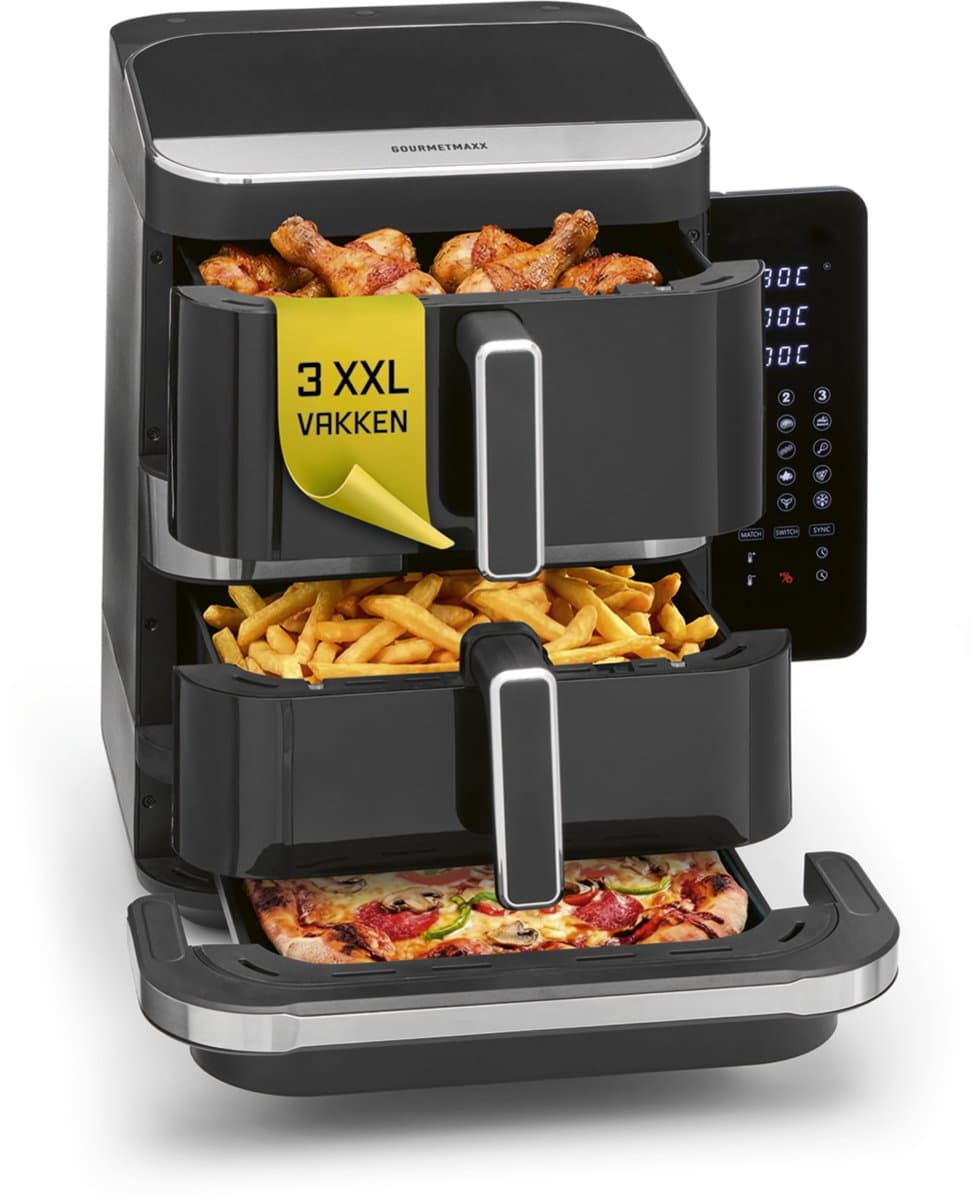 GOURMETmaxx FryUp3 Verticale heteluchtfriteuse 3 kamers | Airfryer XXL PFAS-vrij | heteluchtfriteuse XXL 12,4 l + ovenlade voor pizza enz. | Air Fryer heteluchtfriteuse SuperClear led-touchdisplay — afbeelding 1
