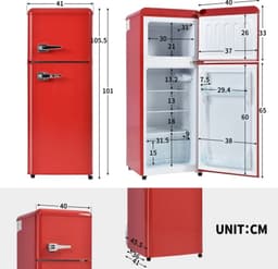 Retrokoelkast. Koel-vriescombinatie, 105,5 cm hoog, 41 cm breed, tweedeurs, met 92 liter totaalvolume, 28 liter vriesvolume. Deurplanken en glazen planken. 181 kWh/jaar, -27°C ~13°C, LED-licht. — thumbnail 3