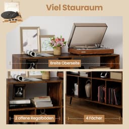 COSTWAY Draaitafel standaard met laadstation, draaitafel met vinyl opbergplanken, platenopbergtafel incl. 5 metalen poten, dressoir voor woonkamer, muziekkamer (bruin) — thumbnail 3