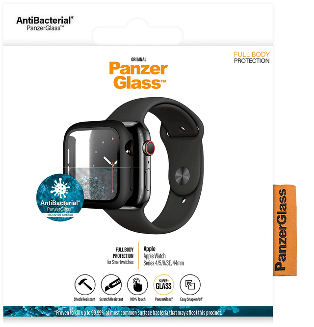 PANZERGLASS Antibacteriële Zwarte Full Body Screenprotector Apple Watch Series 4/5/6/SE 44 mm