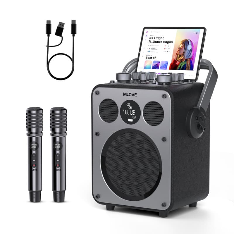mlove Rangers D5 professionele karaokemachine voor volwassenen met bluetooth en 2 draadloze microfoons, draagbare PA-systeemluidspreker, opname, nagalm, gitaarversterker voor thuisfeestjes en buitenevenementen, 200 W zwart — afbeelding 1