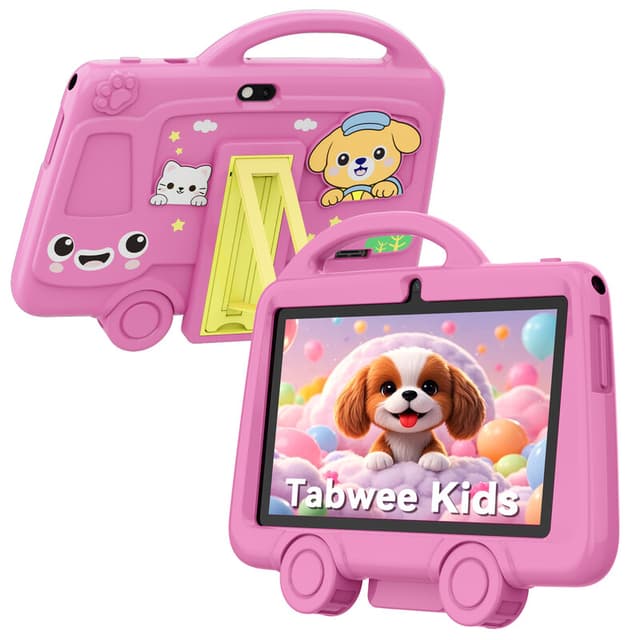 TABWEE K8 kindertablet, 7 inch, 2 GB RAM + 32 GB opslag, 3000 mAh batterij, 2,4 GHz wifi, Bluetooth 4.2, 2 MP camera voorzijde + 5 MP camera achterzijde, 3,5 mm hoofdtelefoonaansluiting, 285 gram, roze