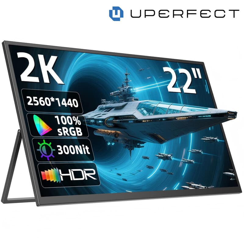 UPerfect 22 inch 2K QHD (2560 x 1440) IPS portable monitor met verstelbare standaard tot 180°, USB‑C, mini HDTV, dubbele speaker, geschikt voor laptop, pc, PS4/PS5 en Switch/Xbox, VESA-compatibel — afbeelding 1