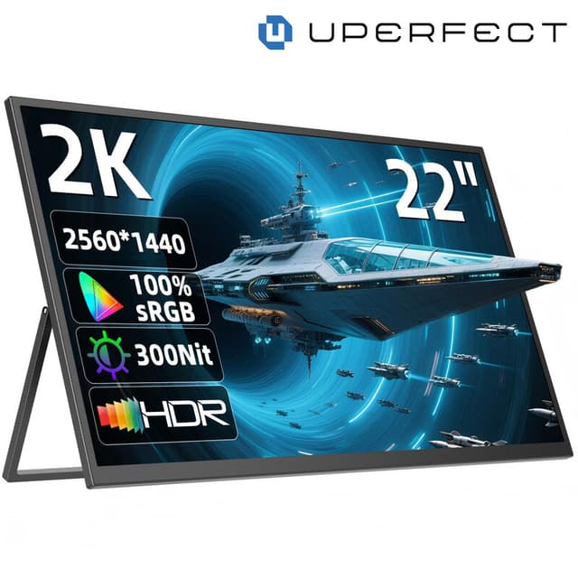 UPerfect 22 inch 2K QHD (2560 x 1440) IPS portable monitor met verstelbare standaard tot 180°, USB‑C, mini HDTV, dubbele speaker, geschikt voor laptop, pc, PS4/PS5 en Switch/Xbox, VESA-compatibel