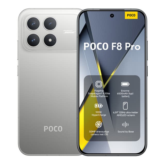 POCO F8 Pro Titanium Zilver 12 GB RAM 256 GB ROM, Dimensity 9500 Processor, 8500 mAh Batterij, Ultrahelder AMOLED Display, 50 MP Light Fusion 600 Hoofdcamera met OIS, Origineel met Officiële Garantie