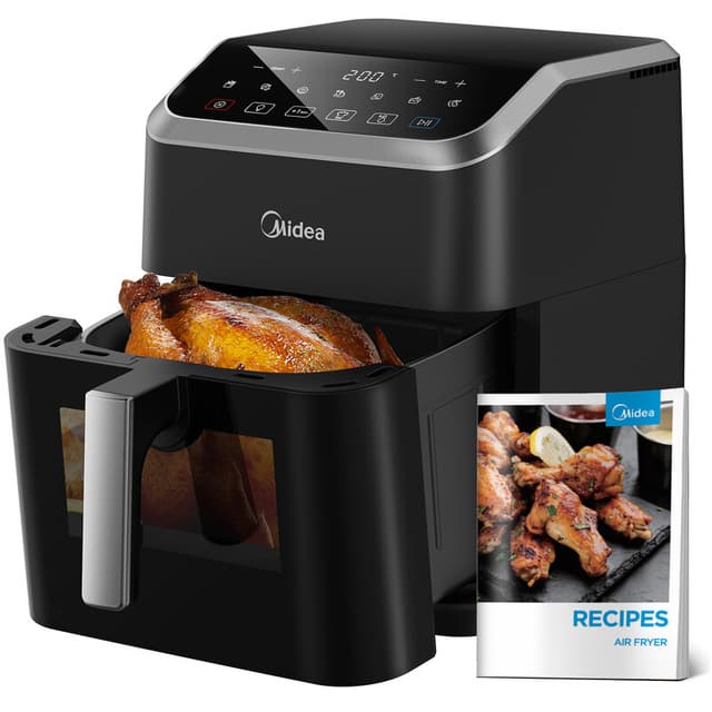 Midea 7L Airfryer met HeatXpress-technologie, 90% minder olie, energiebesparend en tijdbesparend met 7 voorgeprogrammeerde standen, verlicht kijkvenster, antiaanbaklaag, zwart
