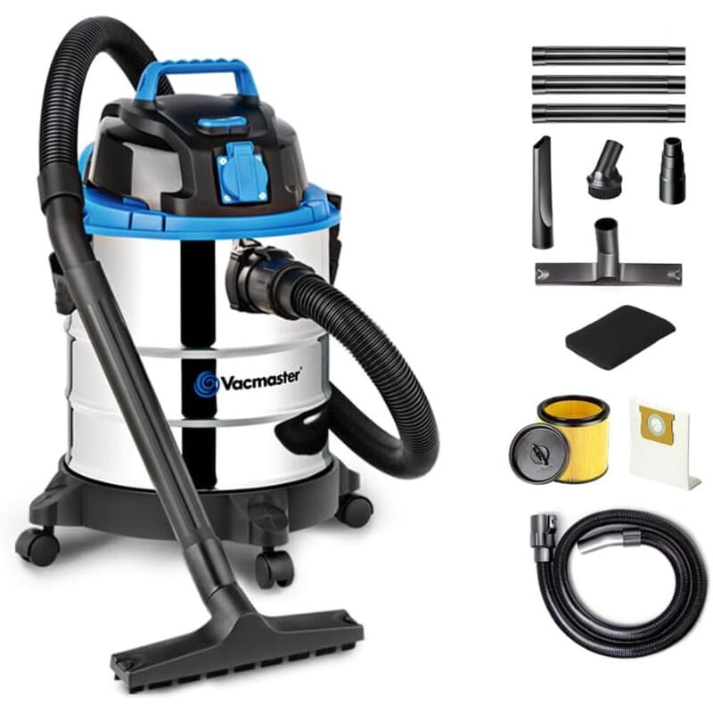 Vacmaster VQ1220SC 3-in-1 Nat- en Droogzuiger met Blaasfunctie en Stopcontact voor Elektrisch Gereedschap, 1250 W, 18 kPa, 20 L RVS Tank, voor Werkplaats, Garage en Auto — afbeelding 1