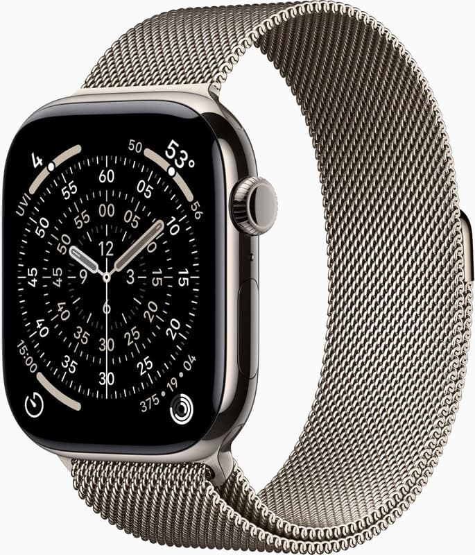 Apple Watch Serie 11 GPS + Mobiel 46 mm – Natuurlijk titanium kast met natuurlijke Milanese band – M/L — afbeelding 1