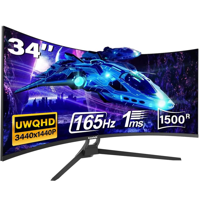 Gawfolk 34" Ultrabrede Curved Gaming Monitor: 1500R UWQHD 165Hz 21:9 VA Scherm, HDR10, 1ms, 99% sRGB, HDMI 2.1/DP 1.4, VESA-Montage, Low Blue Light Oogbescherming Display voor PC Gamer & Kantoor — afbeelding 1