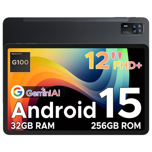 DOOGEE Tab E3+ Android 15, 12 inch FHD+ tablet met SIM-kaartsleuf, octa-core Helio G100, 90 Hz gaming, 32GB+256GB/2TB, 8800mAh, 7,5 mm ultradun, quad-luidsprekers, gezichtsidentificatie, zwart