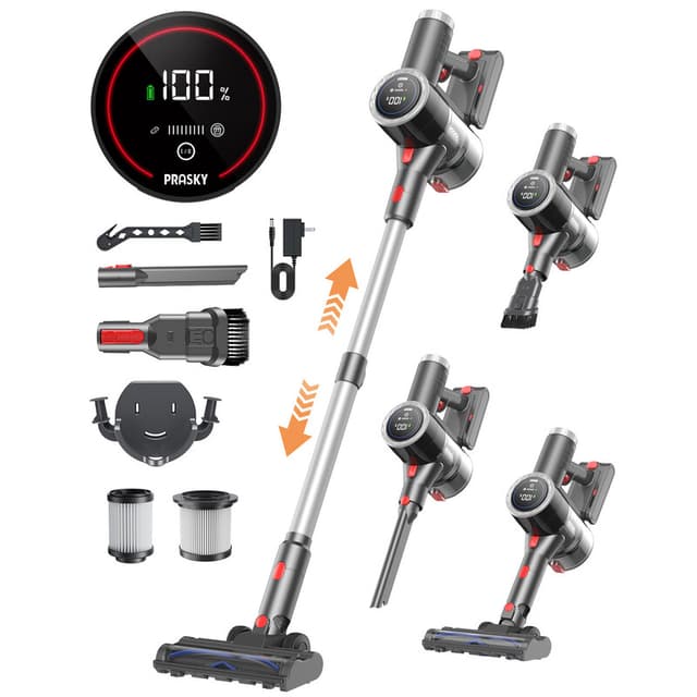 Prasky draadloze stofzuiger, 6-in-1 lichte steelstofzuiger met 45 min looptijd, led-display & verlichting, zelfstaand voor tapijt, tegels, huisdierenhaar & harde vloeren (zilver)